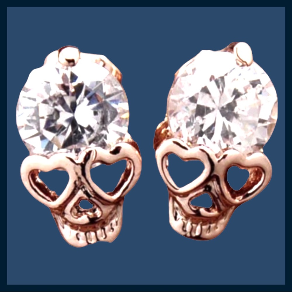 Crystal Skull Heart Rose Gold Toned Earrings - Picture 1 of 8